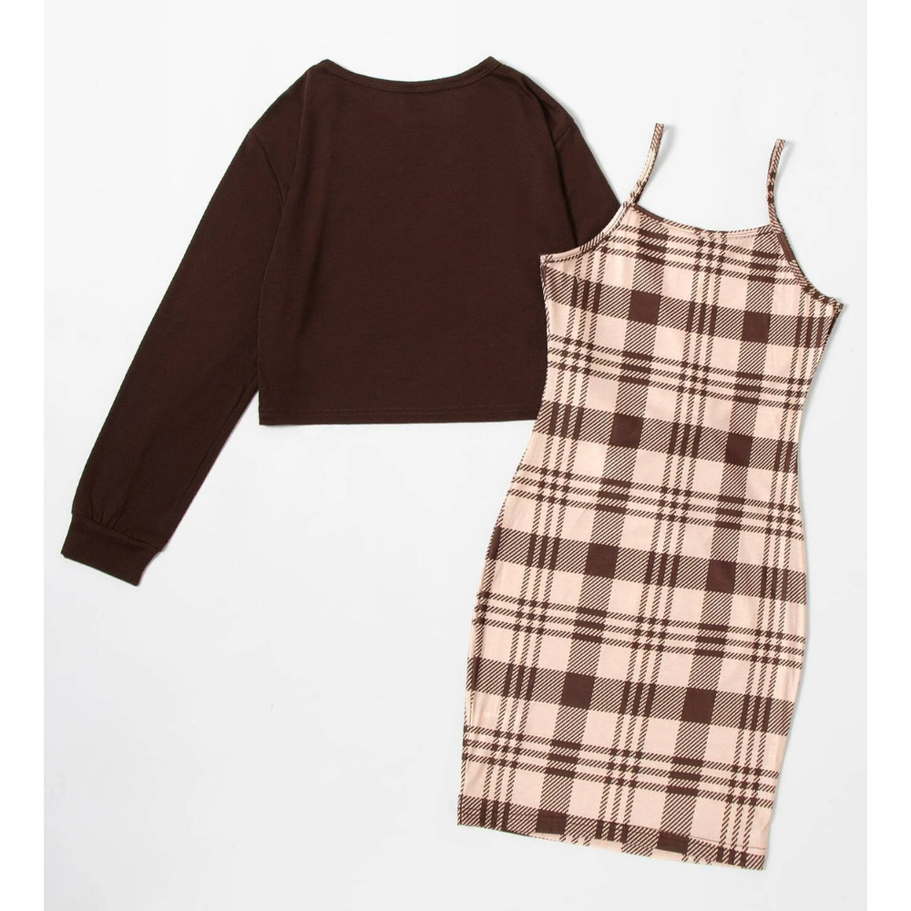 SHEIN High Low Hem Tee & Plaid Cami Dress in Brown, Size S​​​​​​​ - Picture 2 of 2